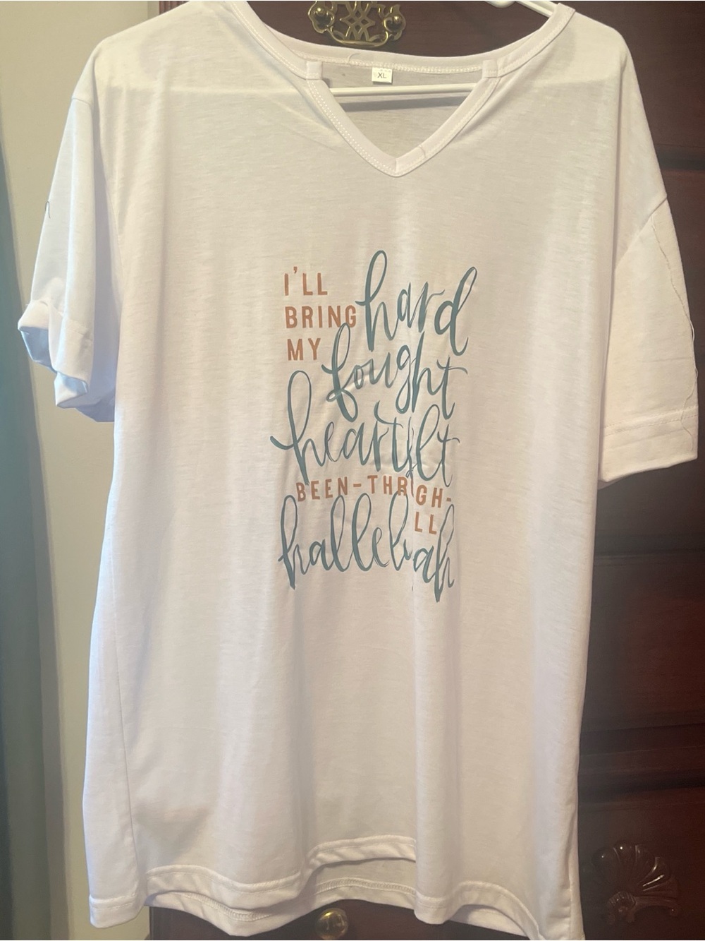 White Graphic V-Neck Tee with Script Print